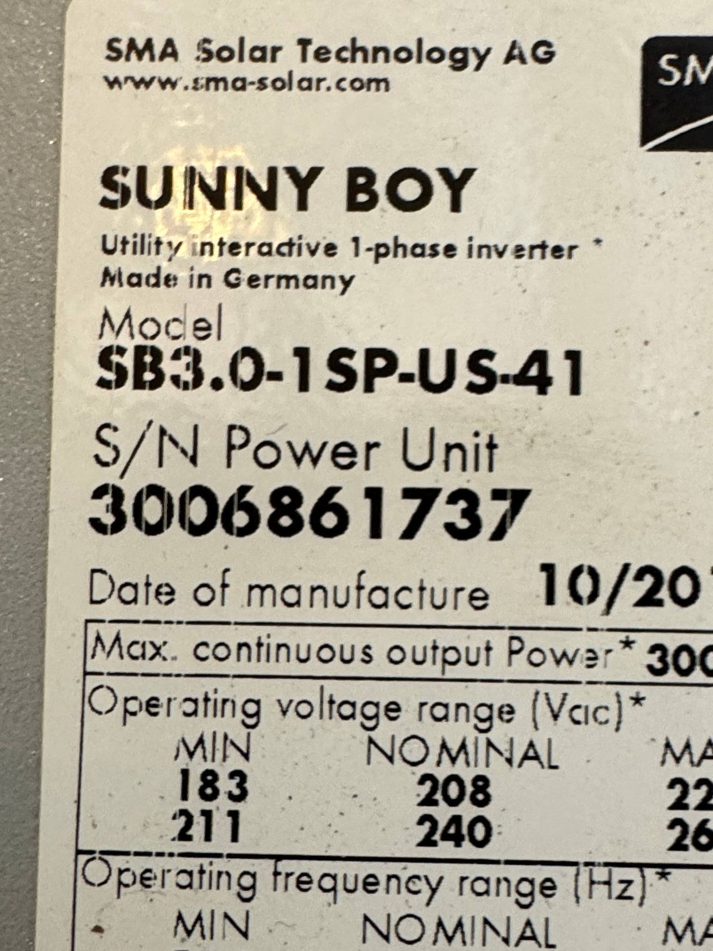 SMA Sunny Boy #SB-3.0–1SP-US-41 Inverter Solar 1 Phase