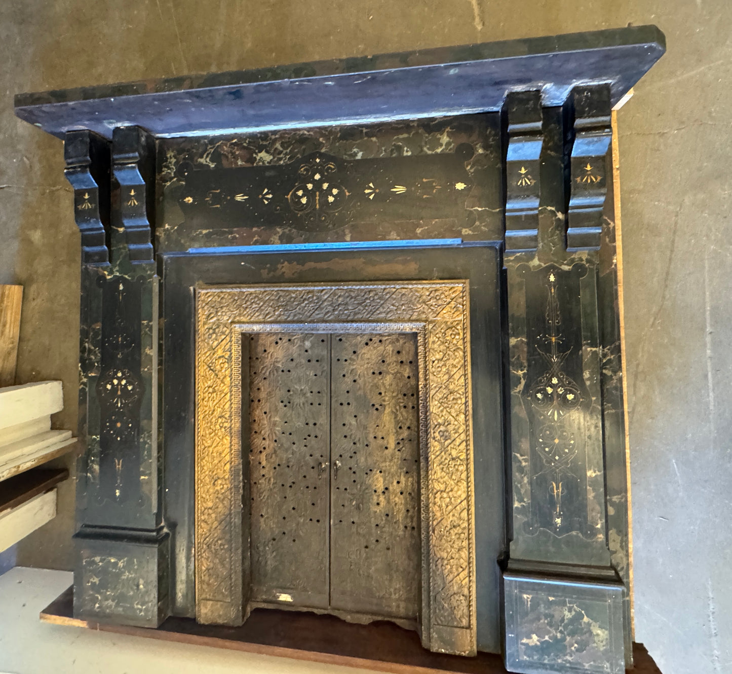 Vintage Hand Painted Cast Iron Fireplace Surround