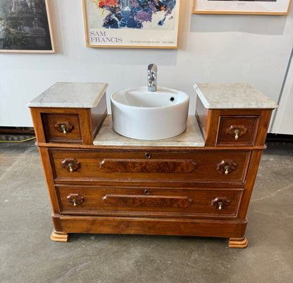Victorian Walnut Wash Basin With Vessel Sink + Carrara Marble