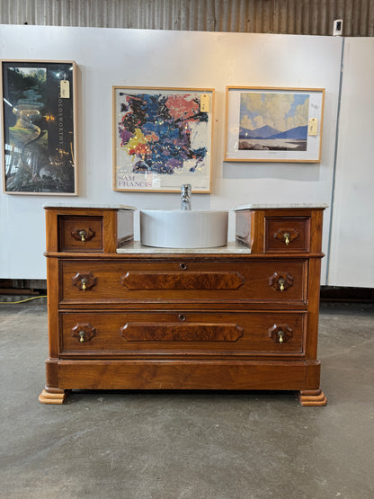 Victorian Walnut Wash Basin With Vessel Sink + Carrara Marble