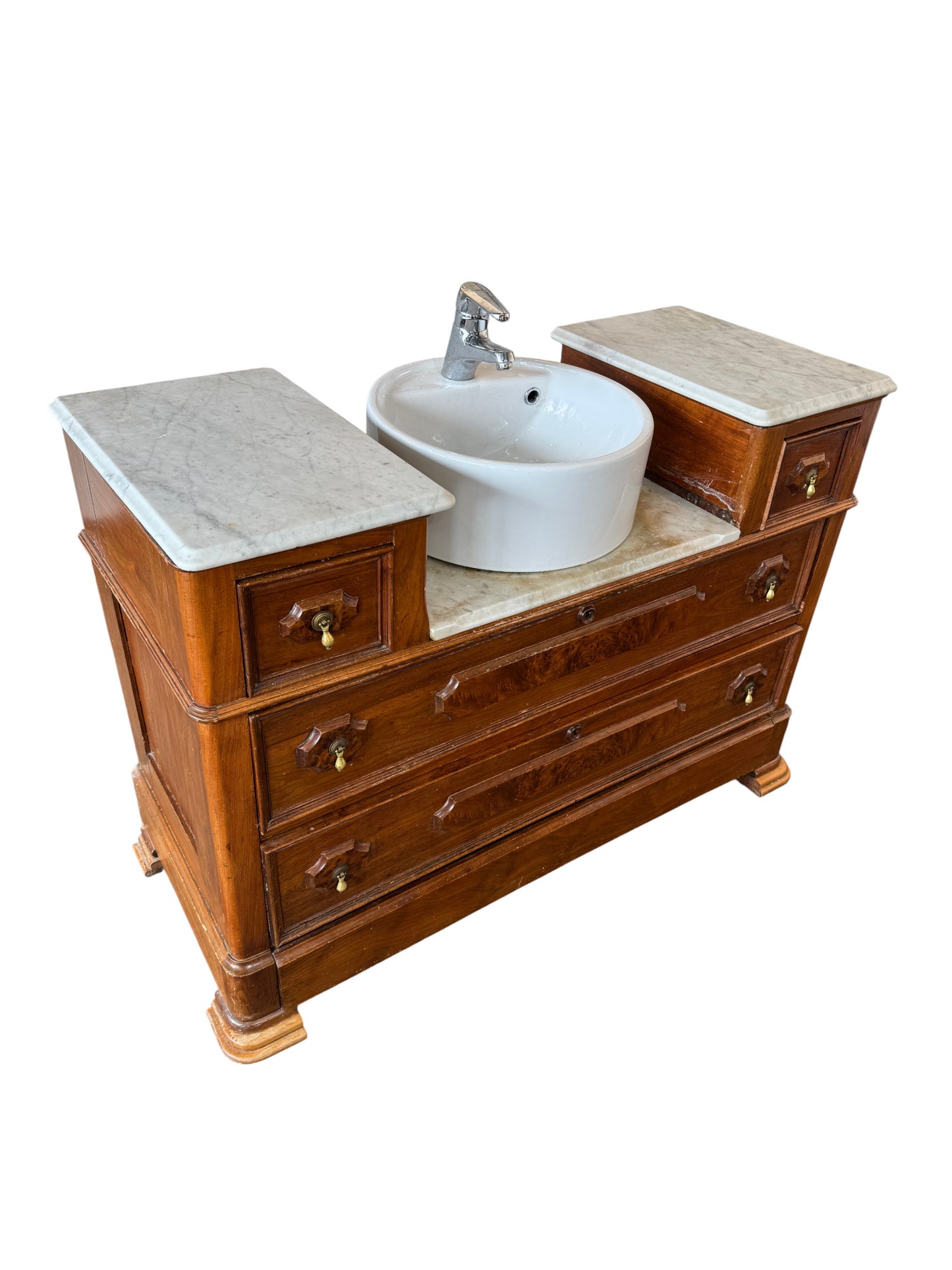 Victorian Walnut Wash Basin With Vessel Sink + Carrara Marble