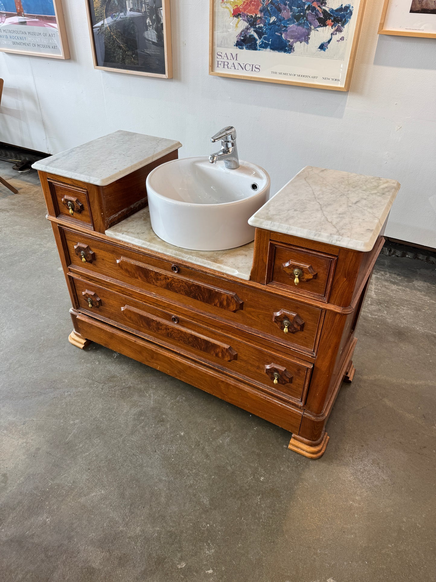 Victorian Walnut Wash Basin With Vessel Sink + Carrara Marble