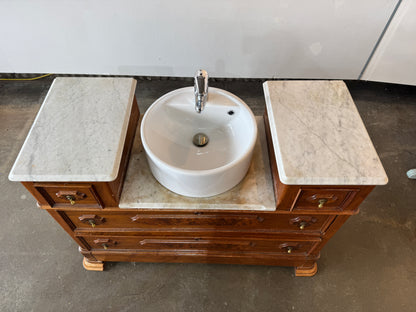 Victorian Walnut Wash Basin With Vessel Sink + Carrara Marble