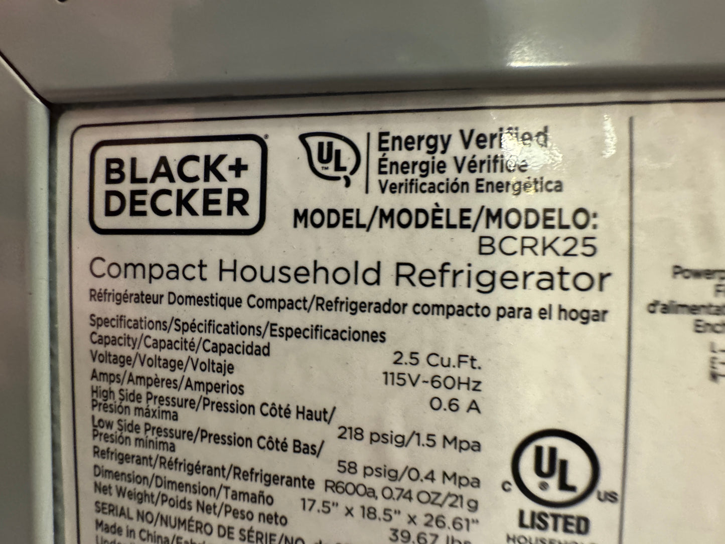 Black & Decker Mini Fridge Refrigerator