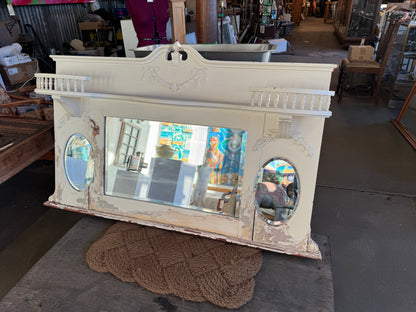 Vintage Victorian Redwood Overmantel Mantel WIth Beveled Mirrors