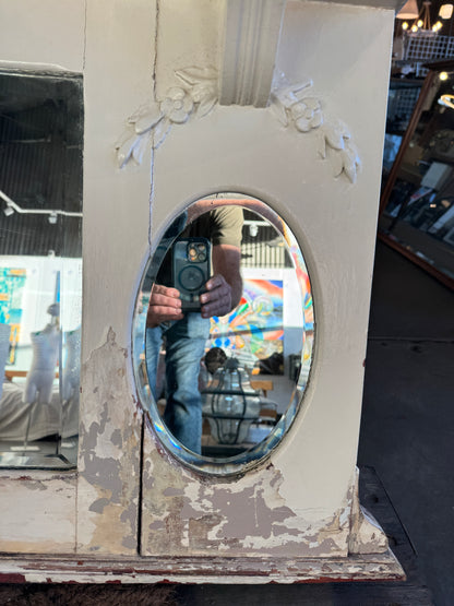 Vintage Victorian Redwood Overmantel Mantel WIth Beveled Mirrors