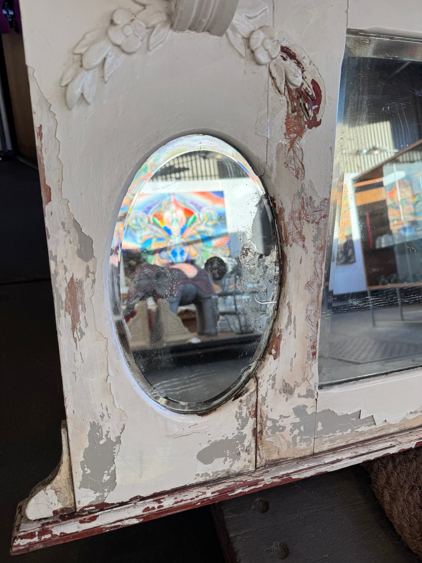 Vintage Victorian Redwood Overmantel Mantel WIth Beveled Mirrors