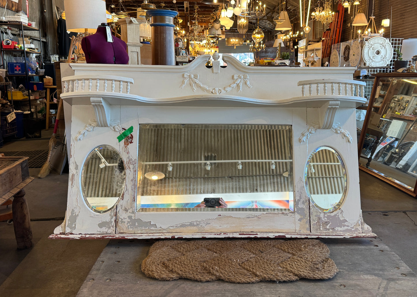 Vintage Victorian Redwood Overmantel Mantel WIth Beveled Mirrors