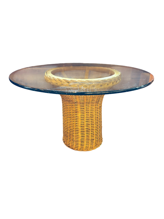 Vintage Round Wicker And Glass Table