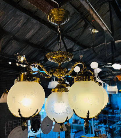 Art Nouveau 5-Arm Brass Chandelier
