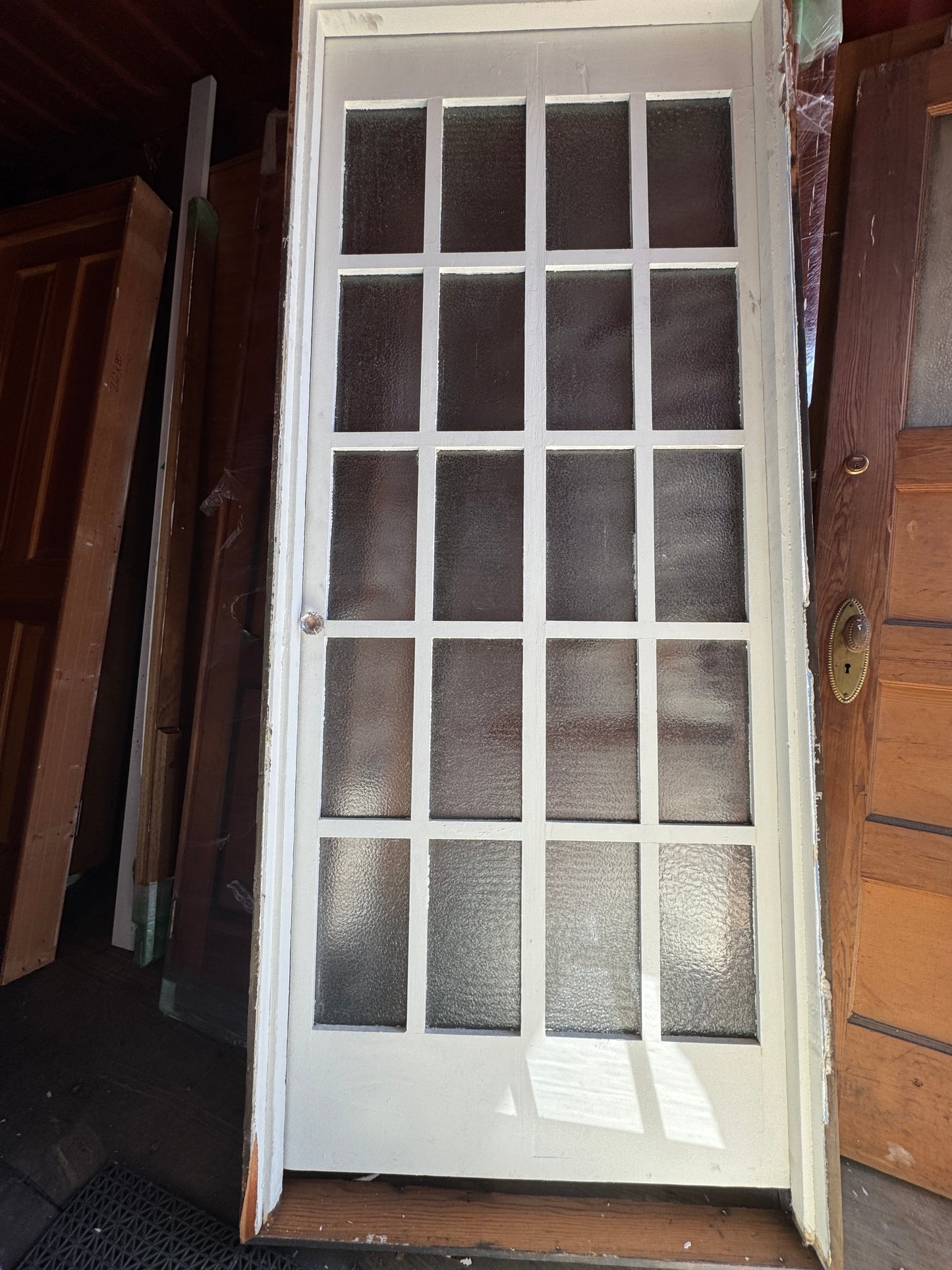 Large Antique 20-Lite Door Obscure Glass In Jamb