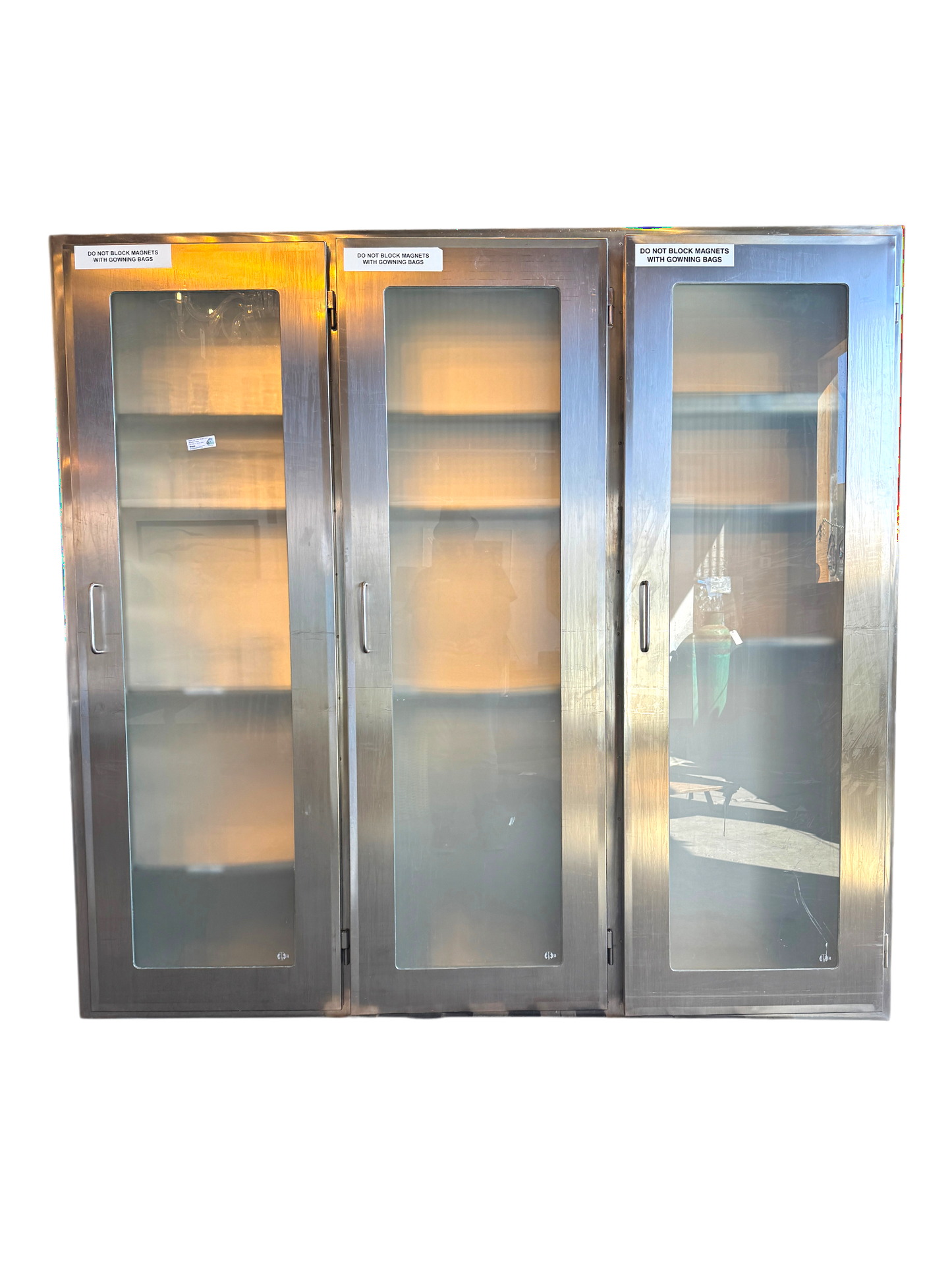 Reclaimed Stainless Steel And Glass Pass-Through Cabinets
