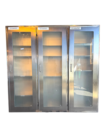Reclaimed Stainless Steel And Glass Pass-Through Cabinets