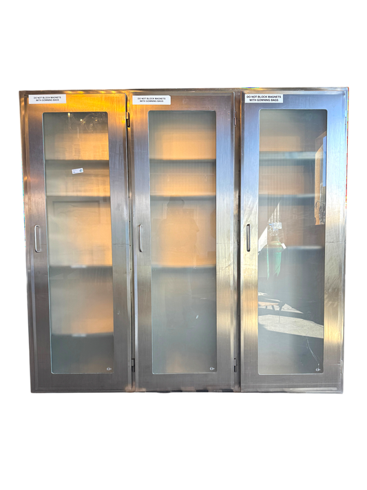 Reclaimed Stainless Steel And Glass Pass-Through Cabinets