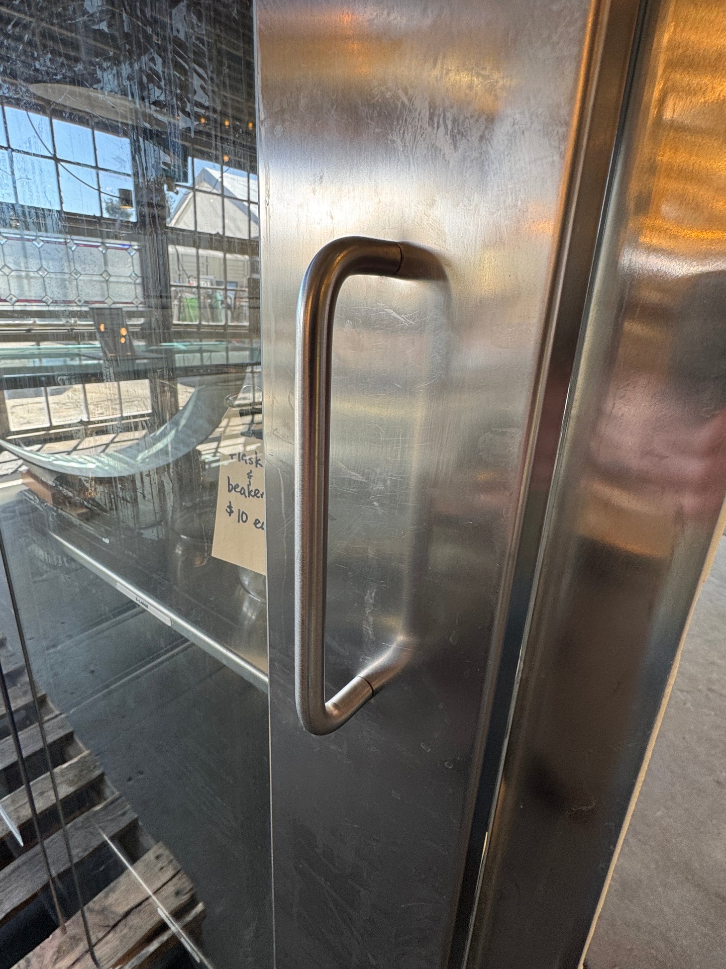 Reclaimed Stainless Steel And Glass Pass-Through Cabinets