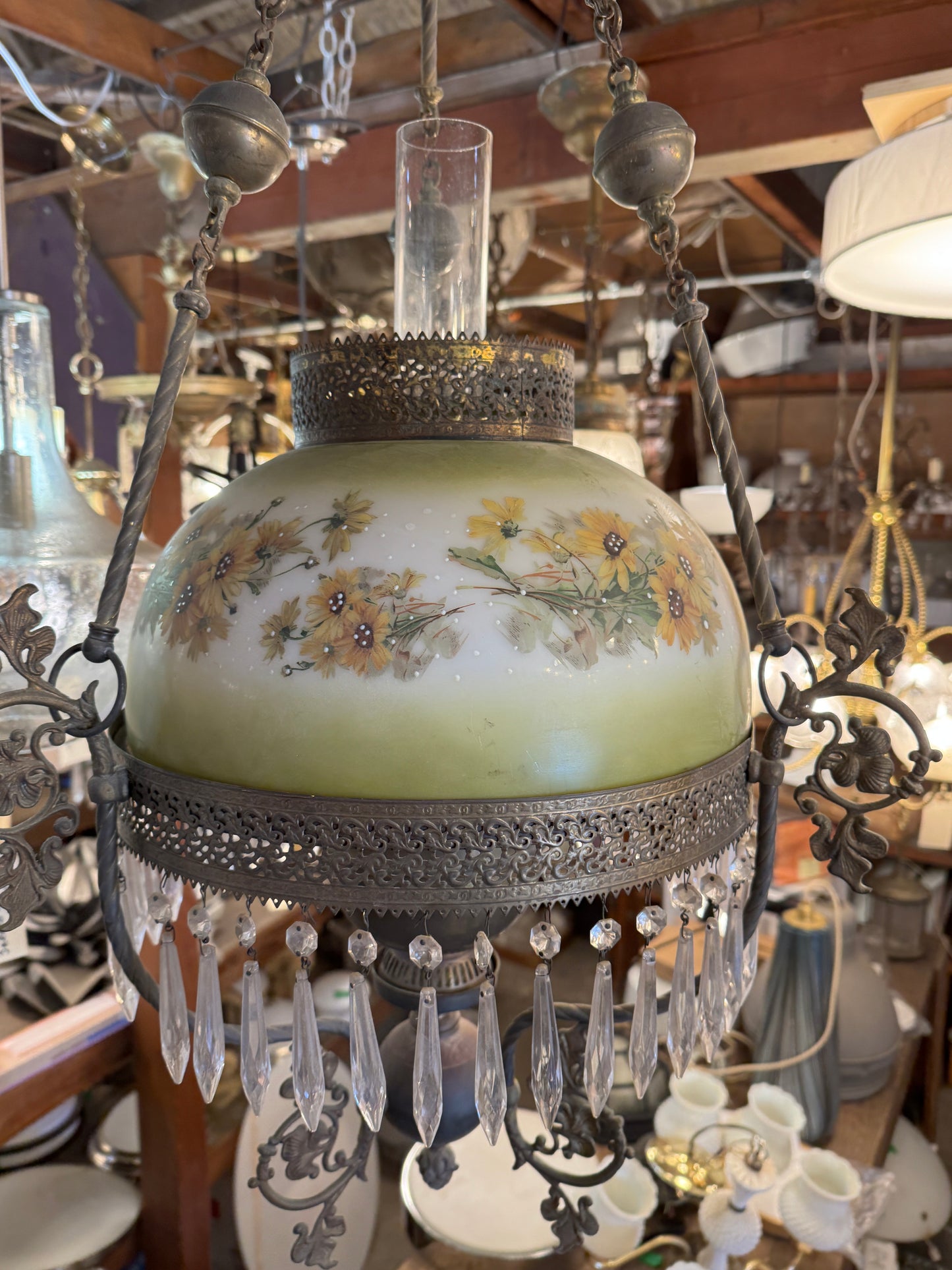 Antique Victorian Hanging Parlor Kerosene Oil Lamp