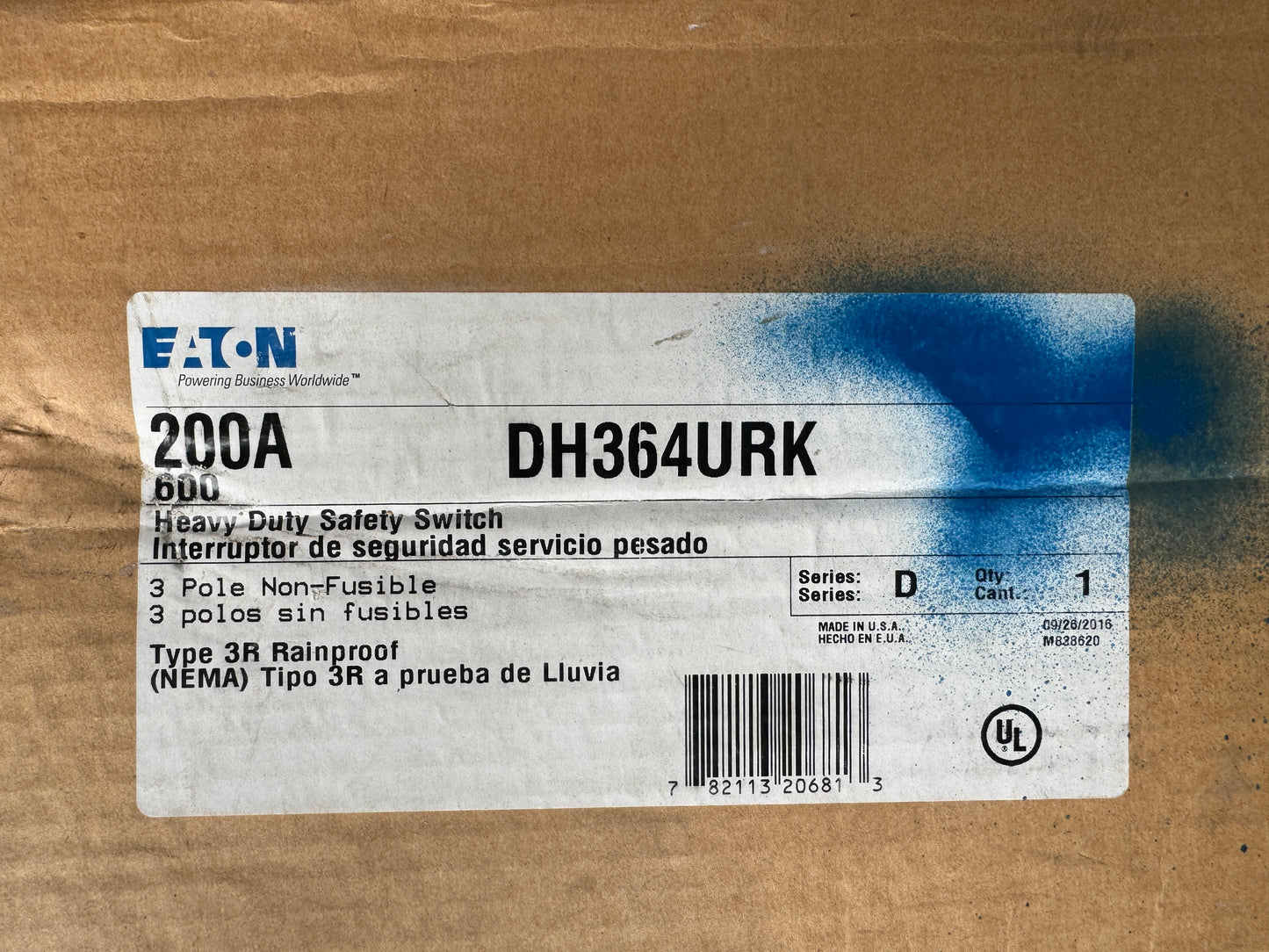 Eaton DH364URK 200 Amp Non Fuseable Safety Disconnect Switch