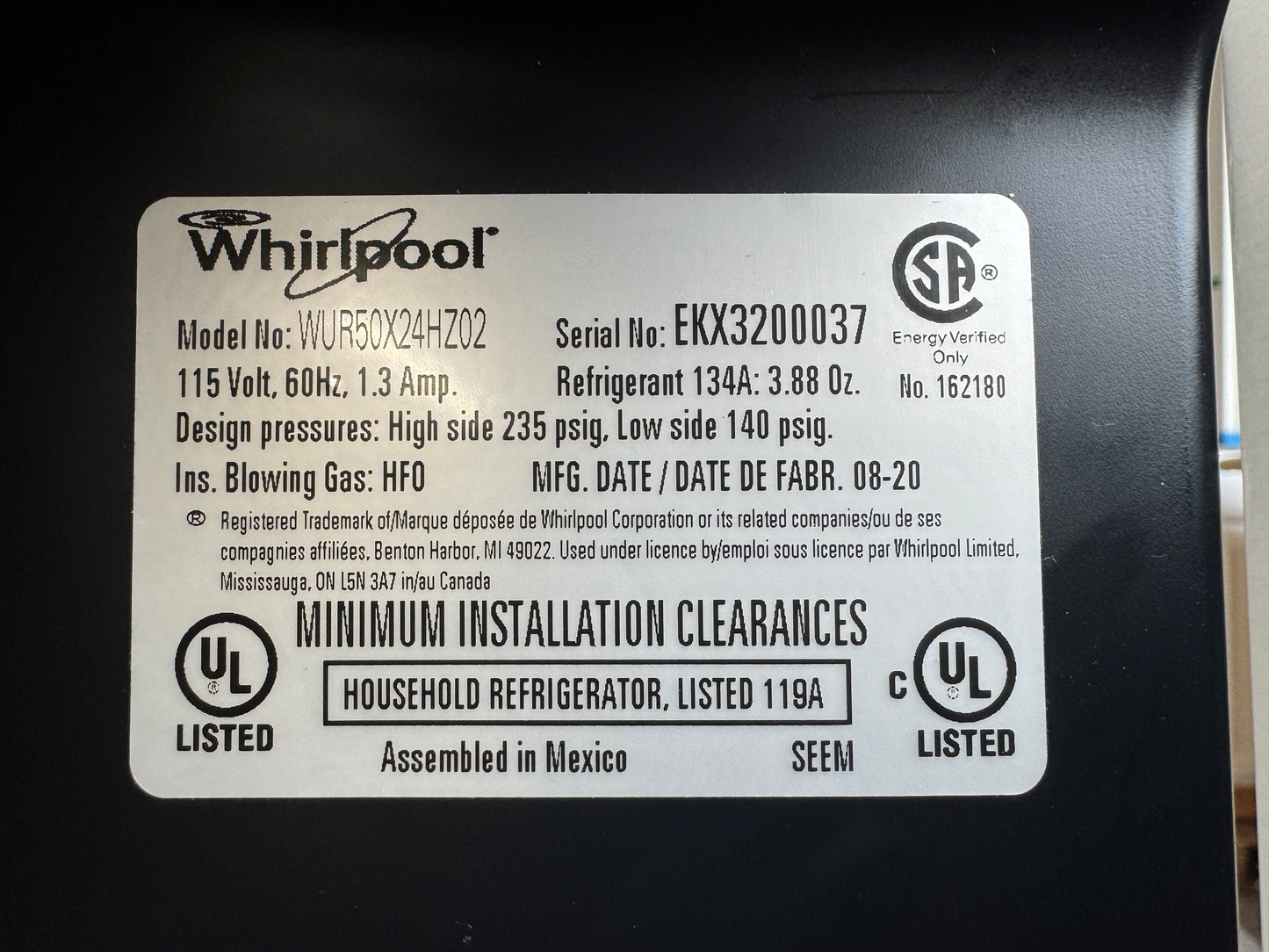 Whirlpool Mini Fridge 24" Undercounter Refrigerator