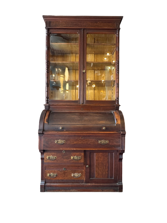 Antique Victorian Walnut Rolltop Secretary Desk And Bookcase