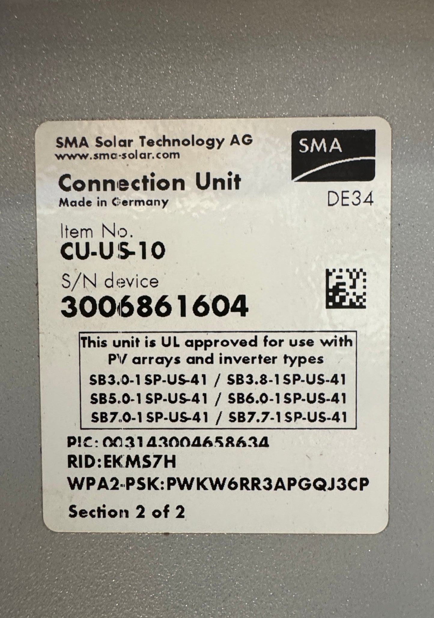 SMA Sunny Boy #SB-3.0–1SP-US-41 Inverter Solar 1 Phase