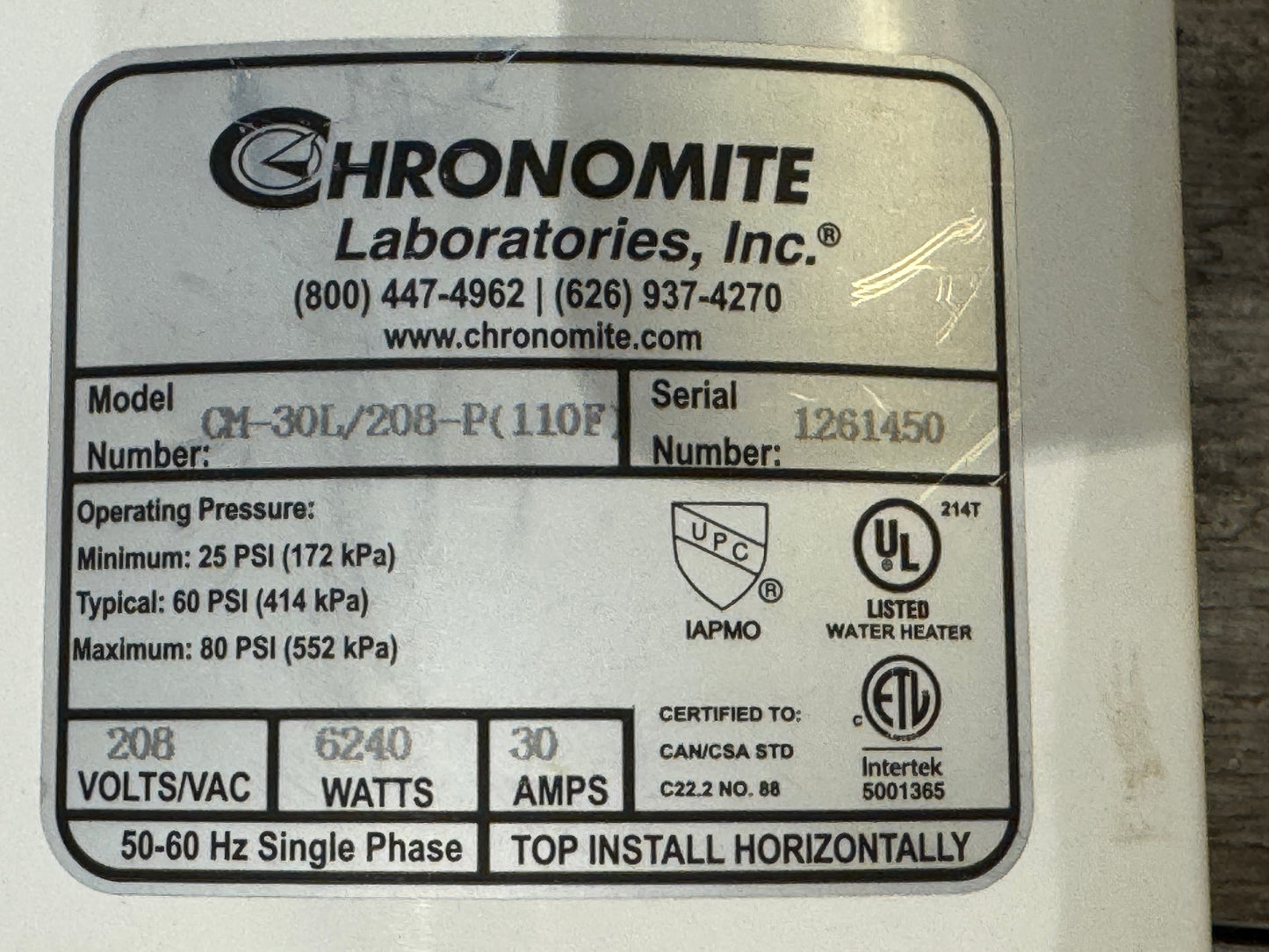 Chronomite CM-30L/208 Thermostatic Tankless Water Heater